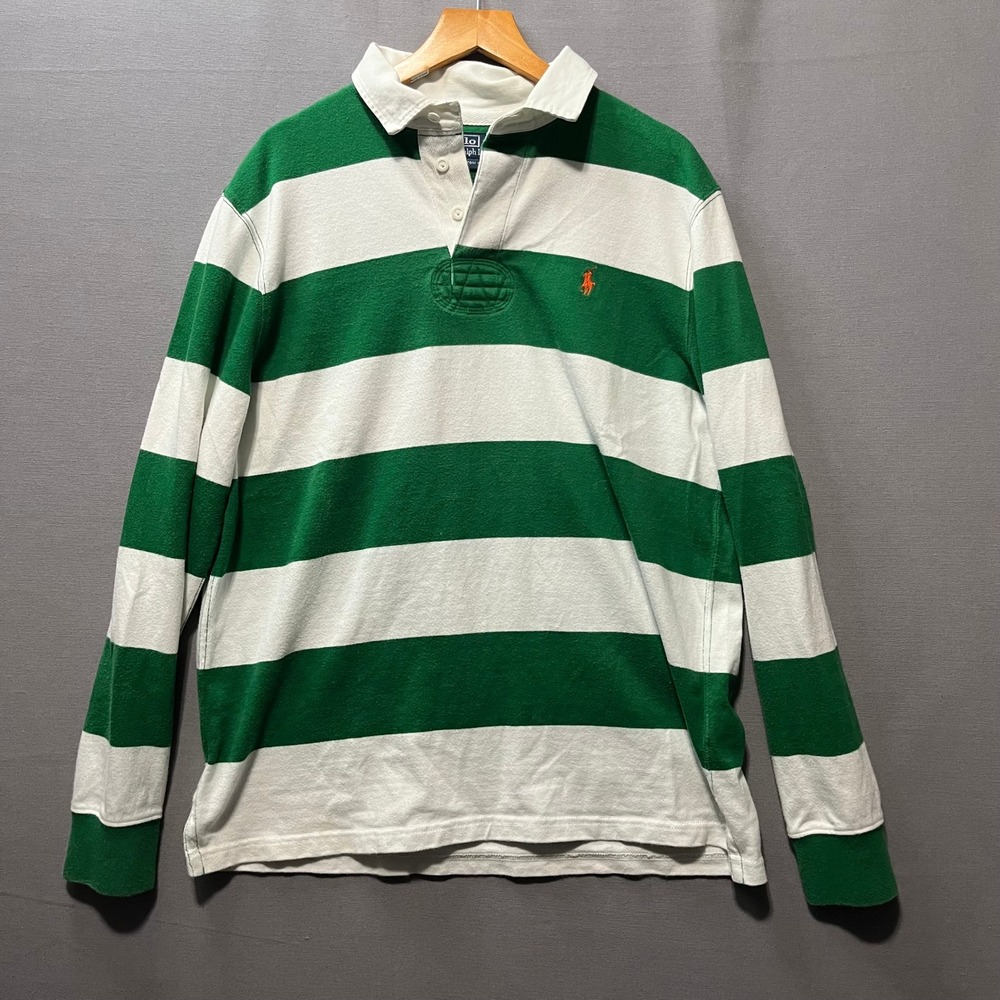 Polo Ralph Lauren Rugby Shirt Mens Large Green White Striped Long Sleeve Custom